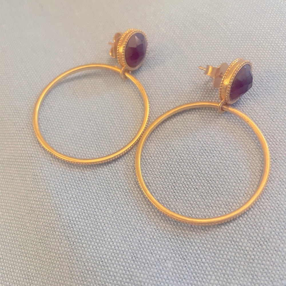 Julie Vos Gold tone purple stone hoop earring.